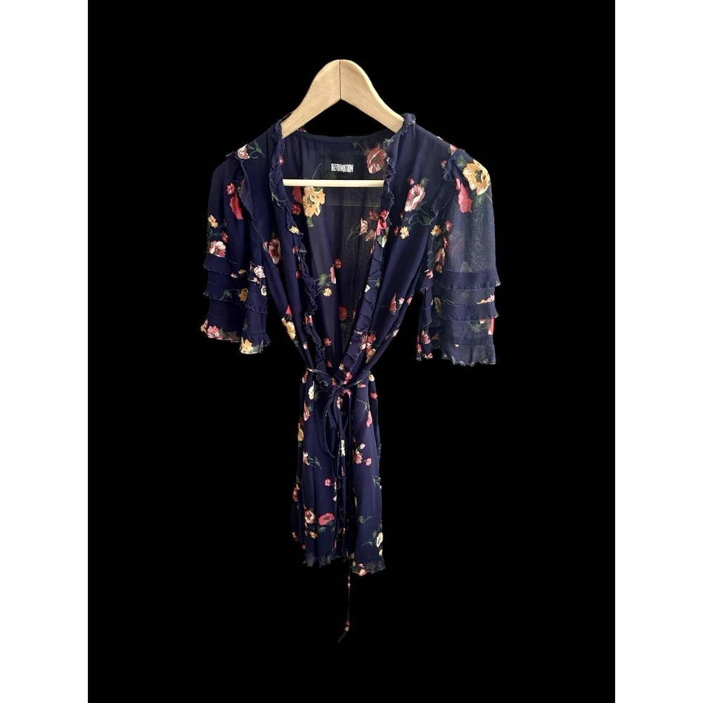 Reformation Napa Wrap Dress Sz Small Navy Pink Yellow Floral Midi Crepe Sleeves